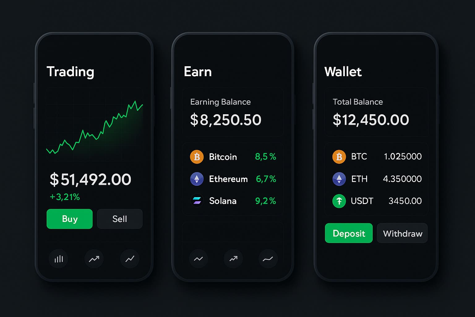 Pantallas de la plataforma Dinera Paynex: trading, earn, wallet